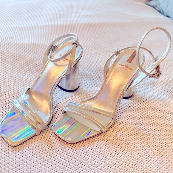 SAM EDELMAN Kia Leather Silver Block Heel Sandals Strappy Chunky Heels - Picture 4 of 11